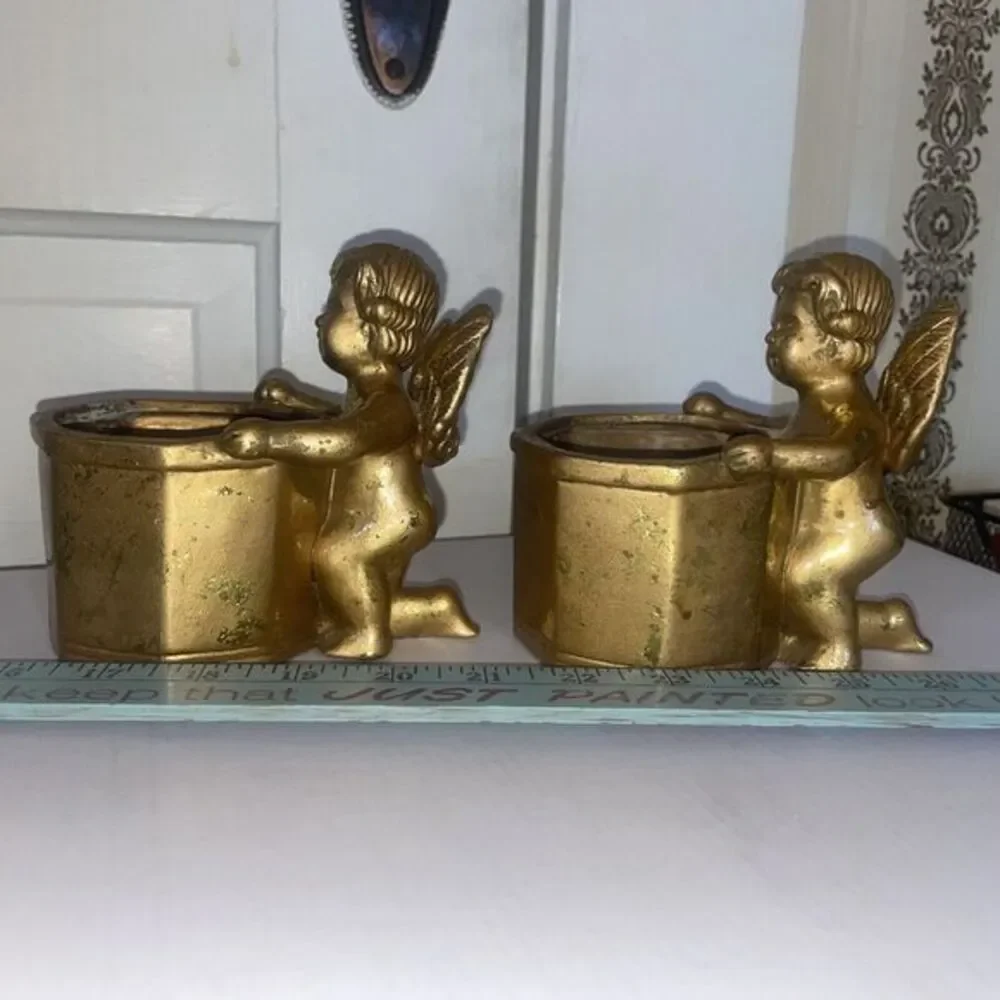 Two Cherub Planters‎ Candle Holders Gold Color Ceramic Composition